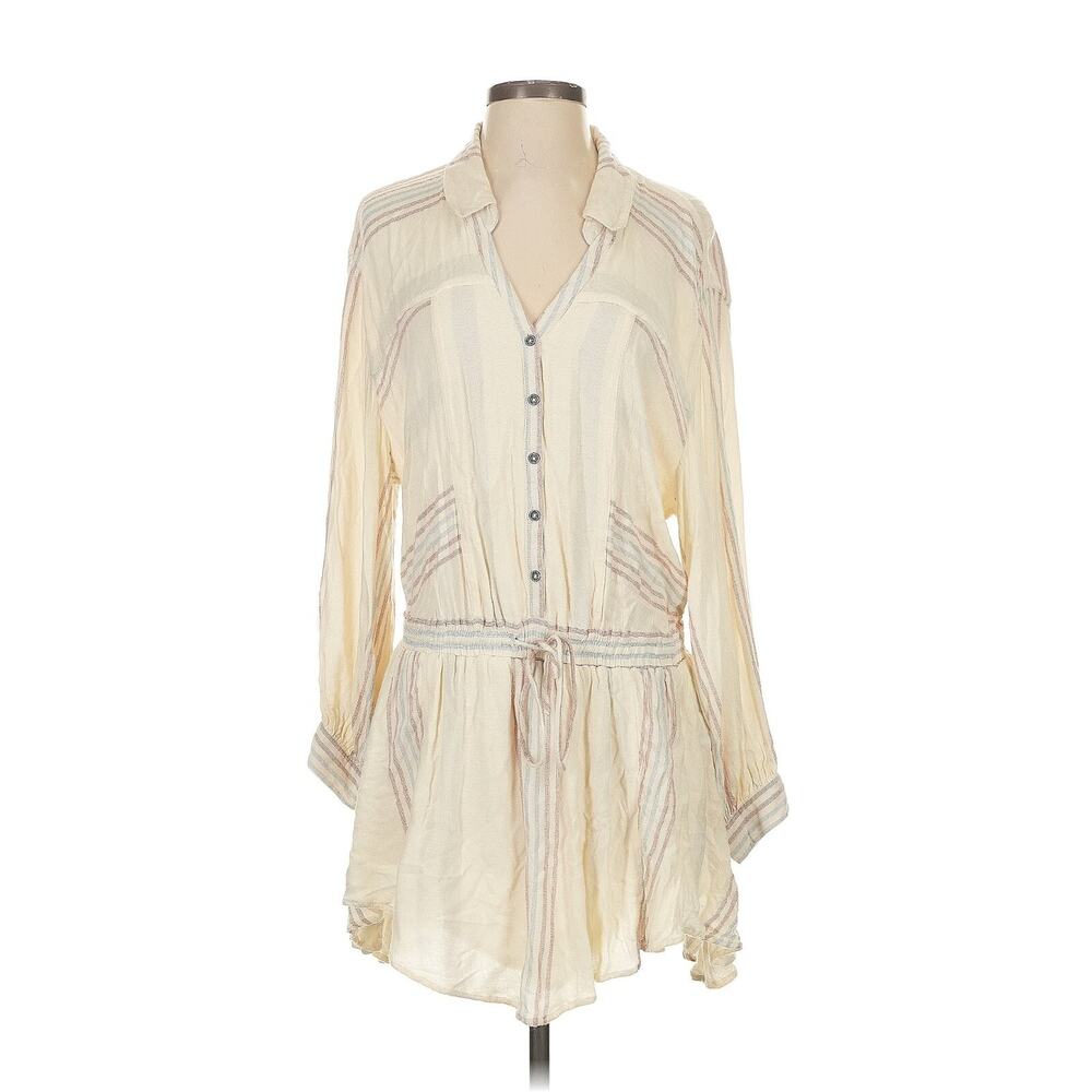 Free People Mini Dress Sz S Cozy Striped Long Sleeve Ivory Cinch Waist Collar